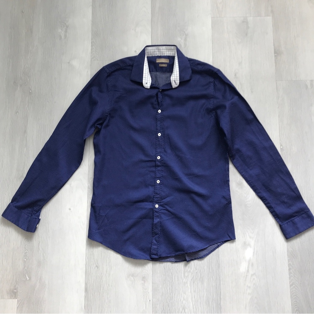 ZARA DRESS SHIRT BLUE POLKA DOT BUTTON LONG SLEEVE COLLAR SHIRT MENS LARGE